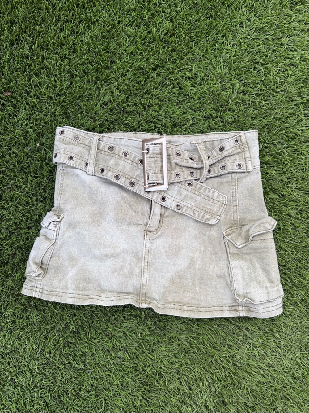 Washed Tan Cargo Mini Skirt with Grommet Belt